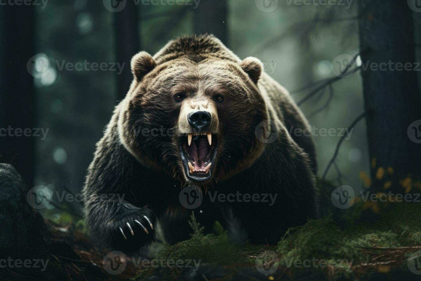 Roaring bear in the forest. Generative AI photo
