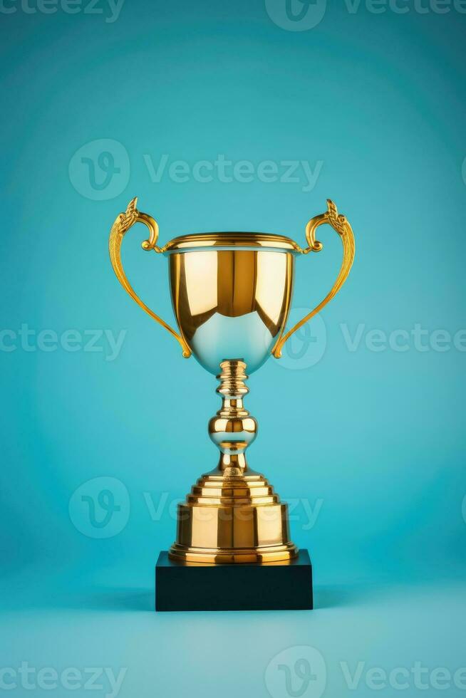 Golden trophy on blue background. AI Generative photo