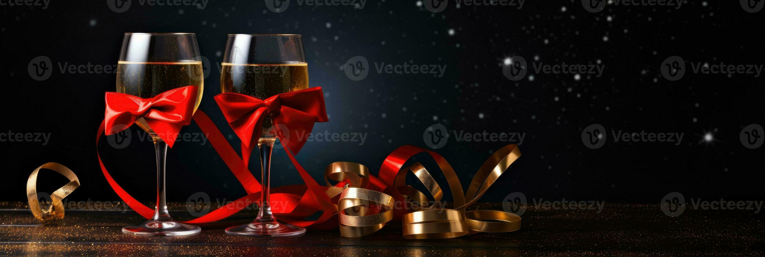 Sparkling wine or champagne glasses and red ribbon on dark black table background. Happy New Year, New Year's Eve or Christmas and celebration party photo