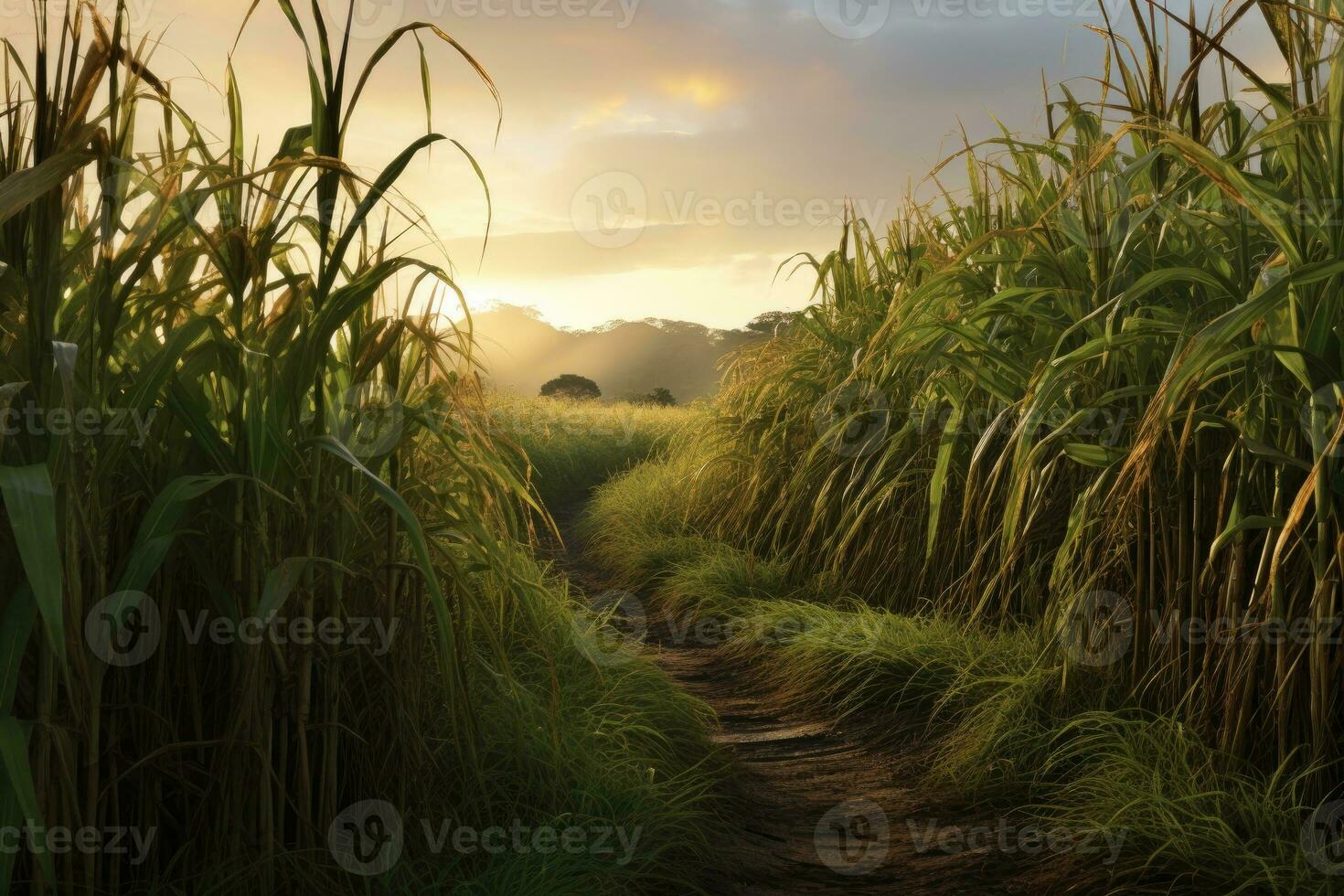 Sugar cane stalks on plantation at morning dawn photo
