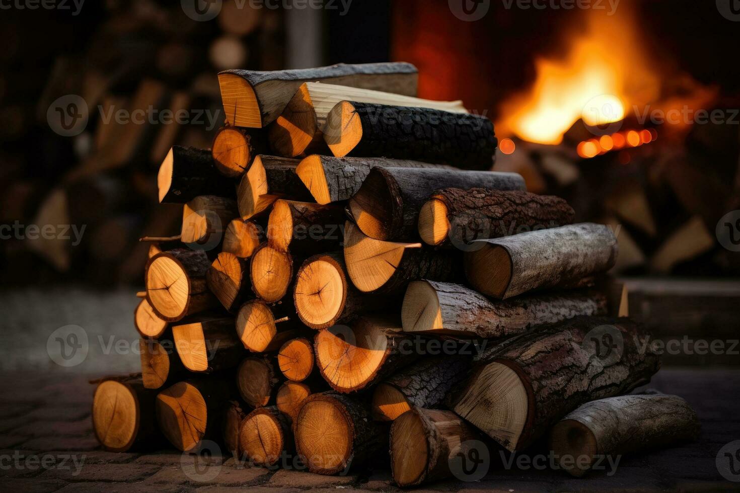 Stacked logs of firewood by the fireplace. Generative AI photo