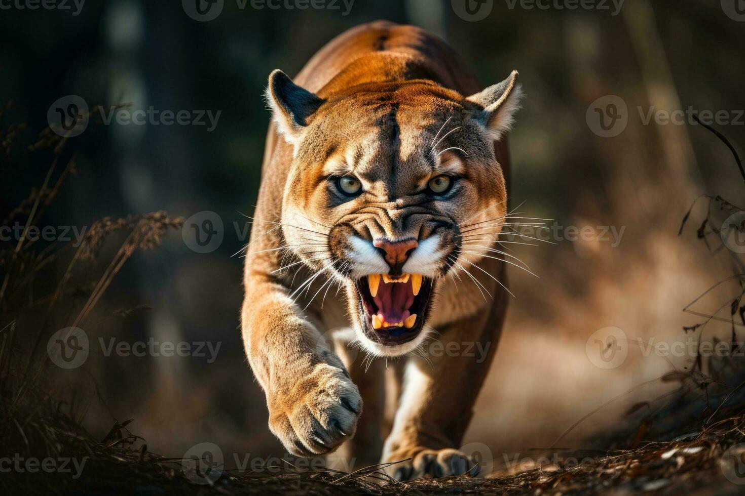 Angry cougar or mountain lion hunts its prey. Generative AI photo