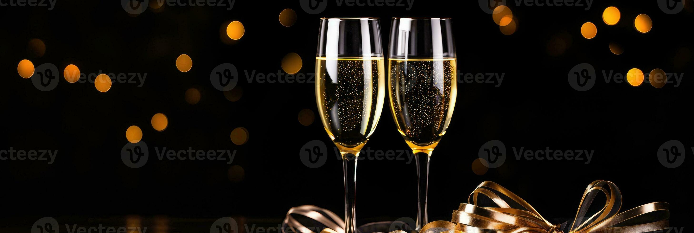 Sparkling wine or champagne glasses and gold ribbon on dark black table background. Happy New Year, New Year's Eve or Christmas and celebration party photo