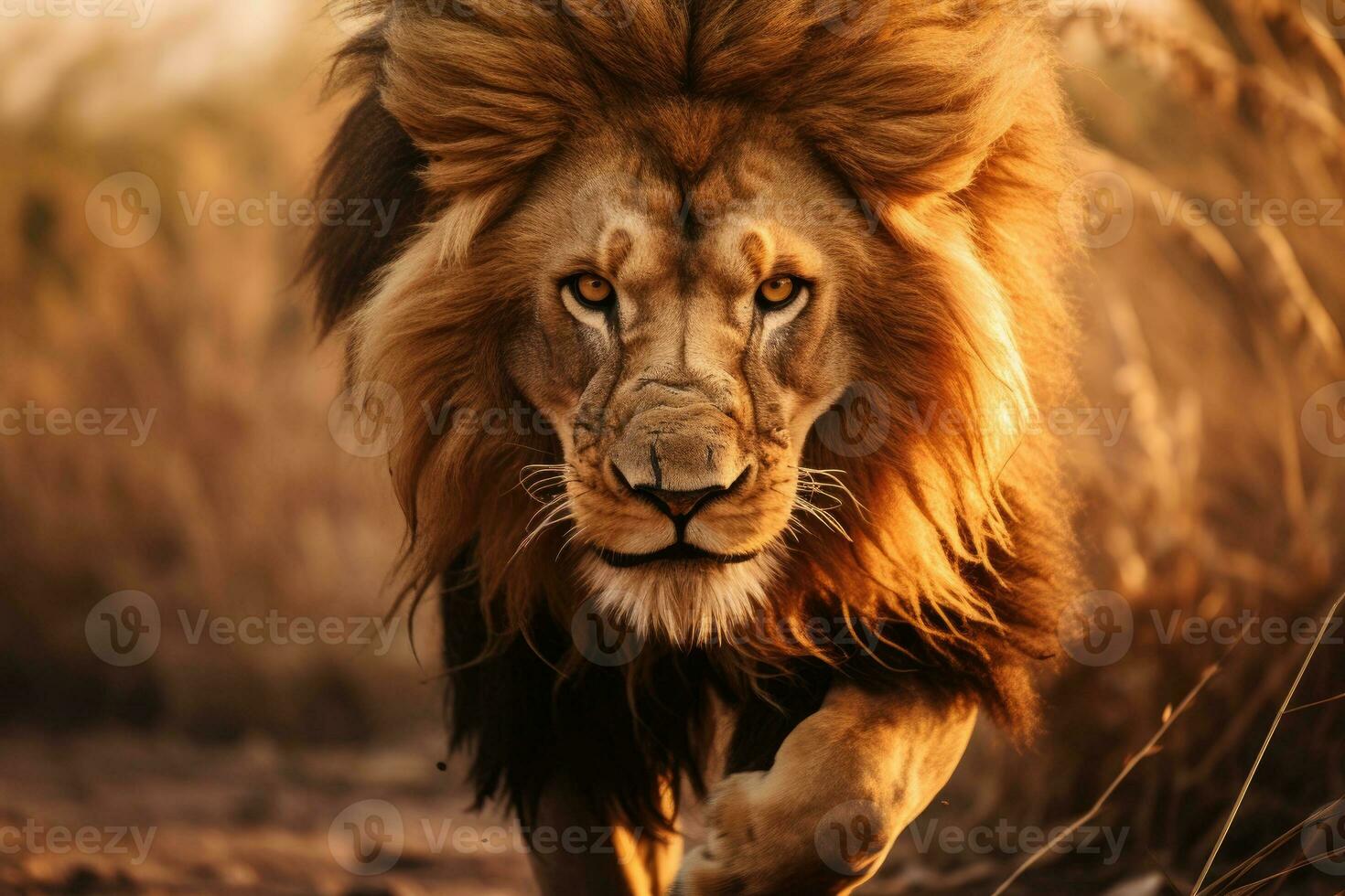 Lion on the hunt in the African landscape. AI Generative photo