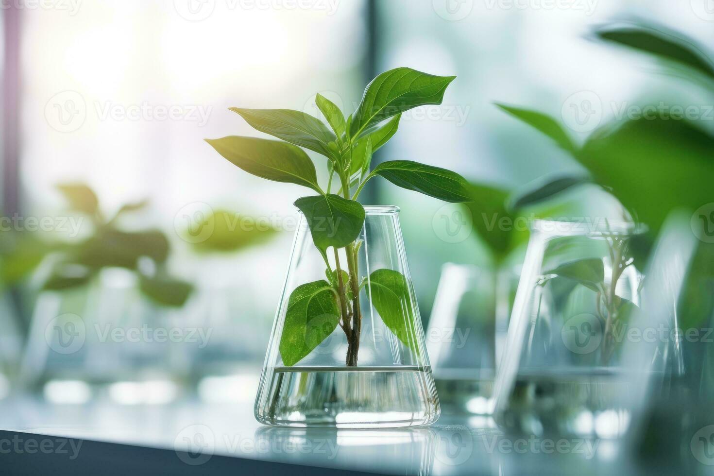 Plant research, green plant in a glass jar in a laboratory. Ecological breeding and plant development. photo