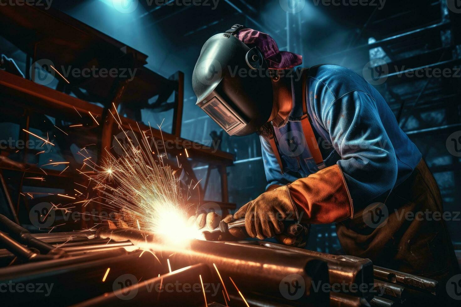 Industrial welder with torch in the factory photo