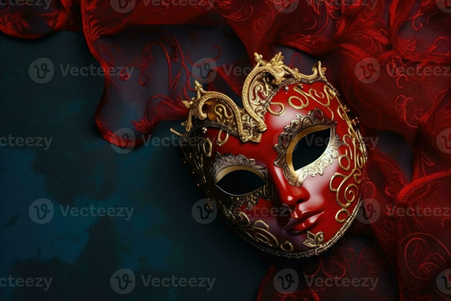 Festive Venetian carnival mask with gold decorations on red background. Generative AI photo
