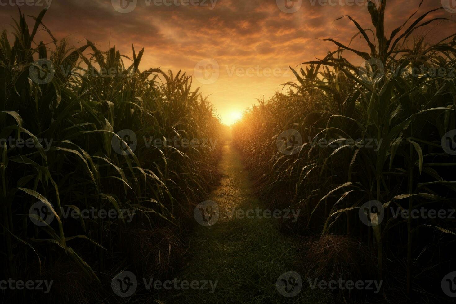 Sugar cane stalks on plantation at morning dawn photo