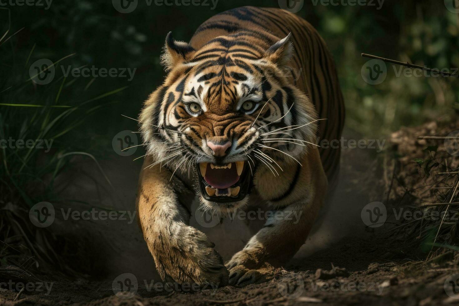 Angry tiger in the jungle. AI Generative photo