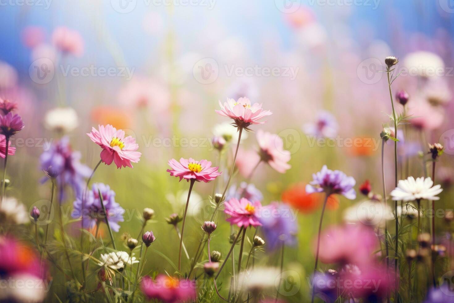 Flower field in sunlight, spring or summer garden background photo