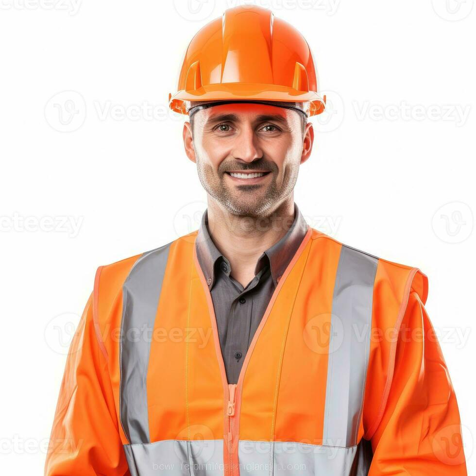 Worker dressed in reflective jacket and safety helmet. AI Generative photo