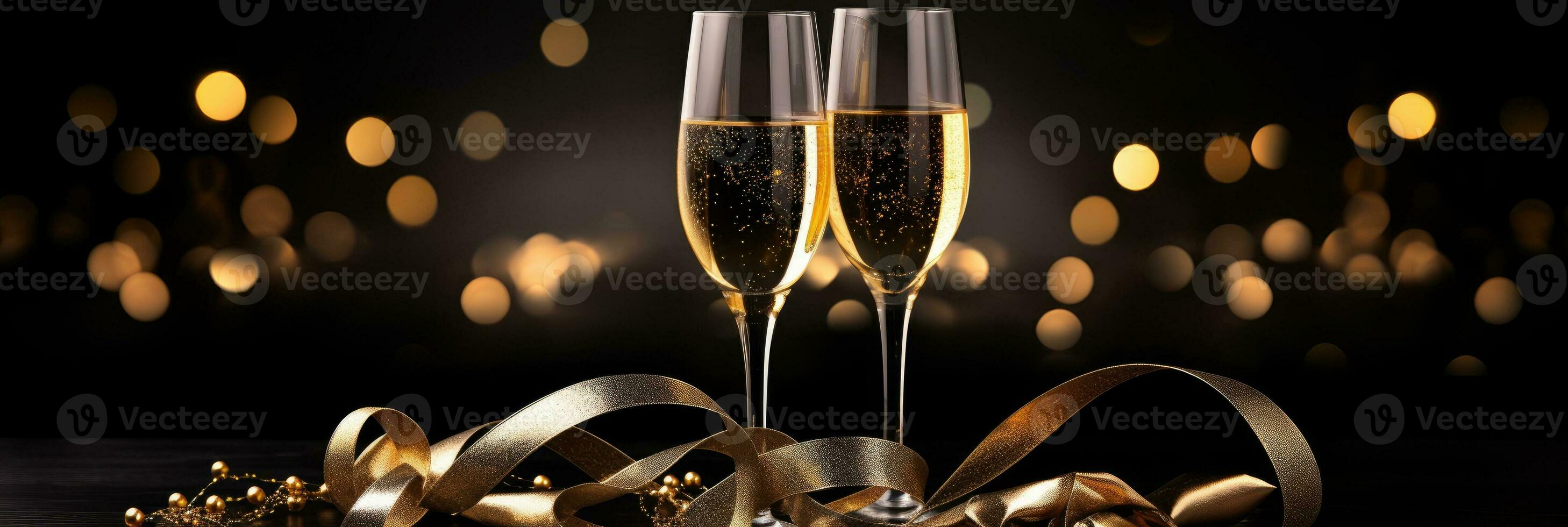 Sparkling wine or champagne glasses and gold ribbon on dark black table background. Happy New Year, New Year's Eve or Christmas and celebration party photo