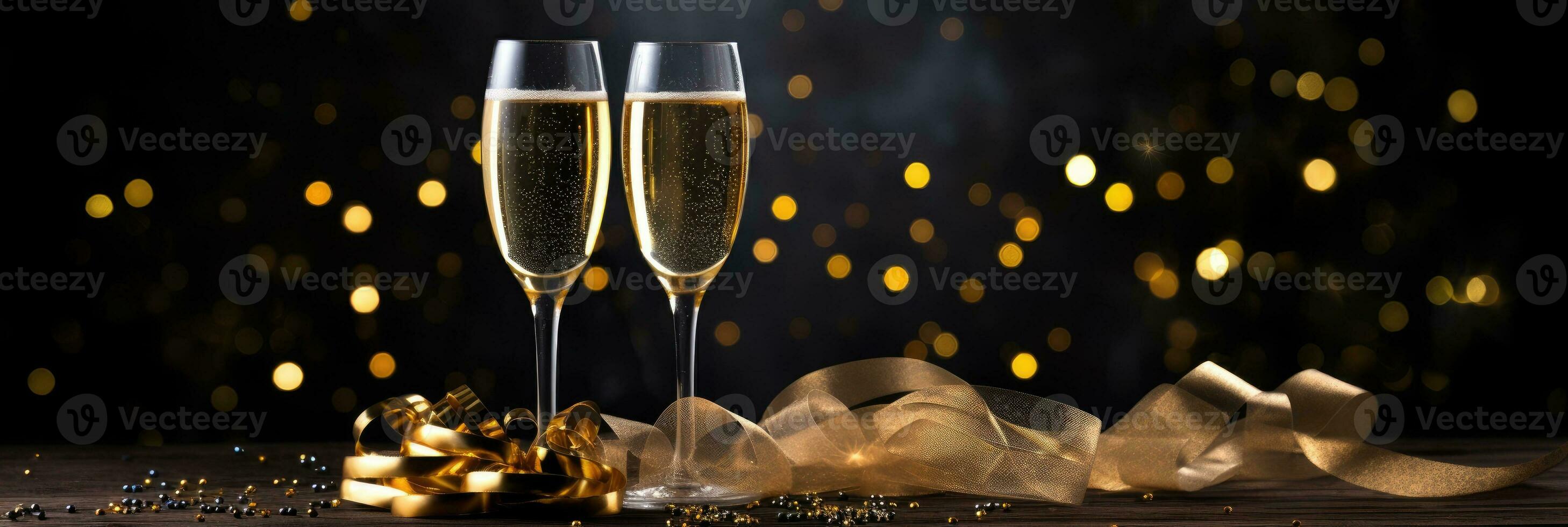 Sparkling wine or champagne glasses and gold ribbon on dark black table background. Happy New Year, New Year's Eve or Christmas and celebration party photo