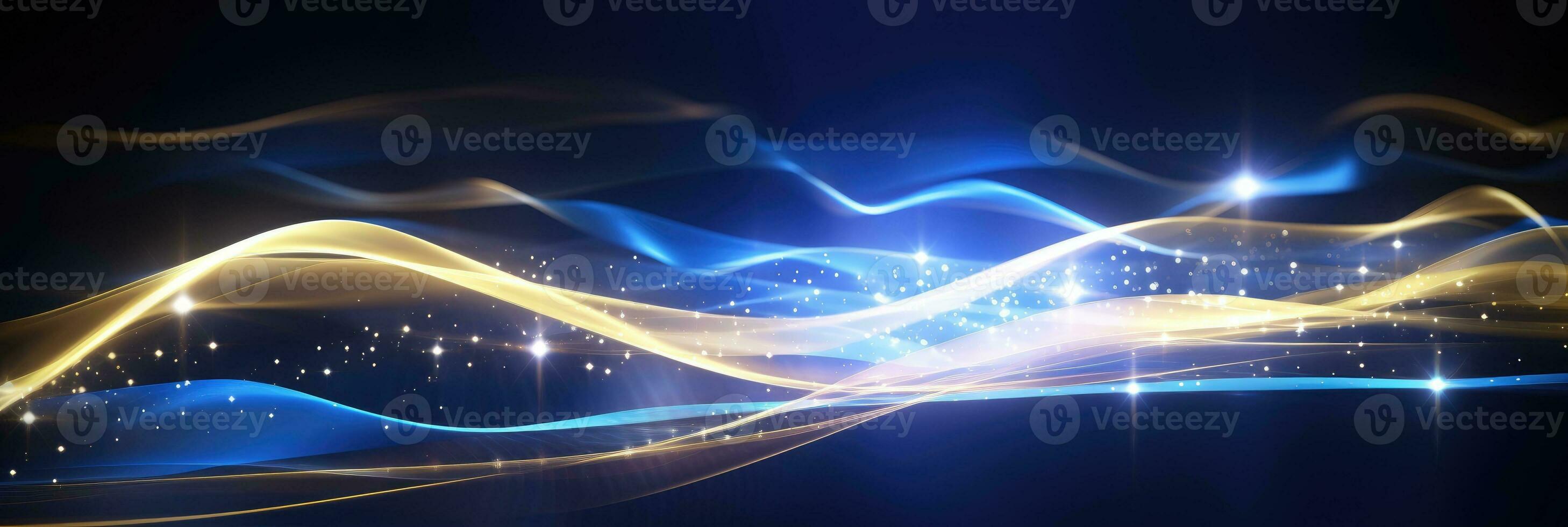 Abstract background with gold and blue glowing neon moving high speed wave lines and bokeh lights Generative AI photo