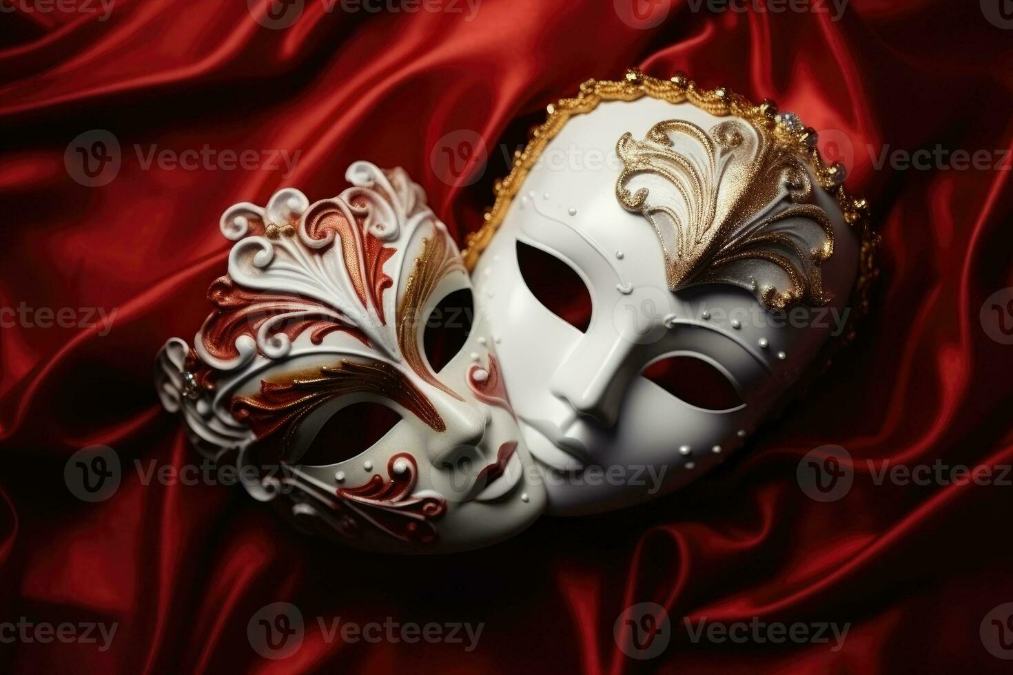 Venetian carnival mask with gold decorations on red background. Generative AI photo