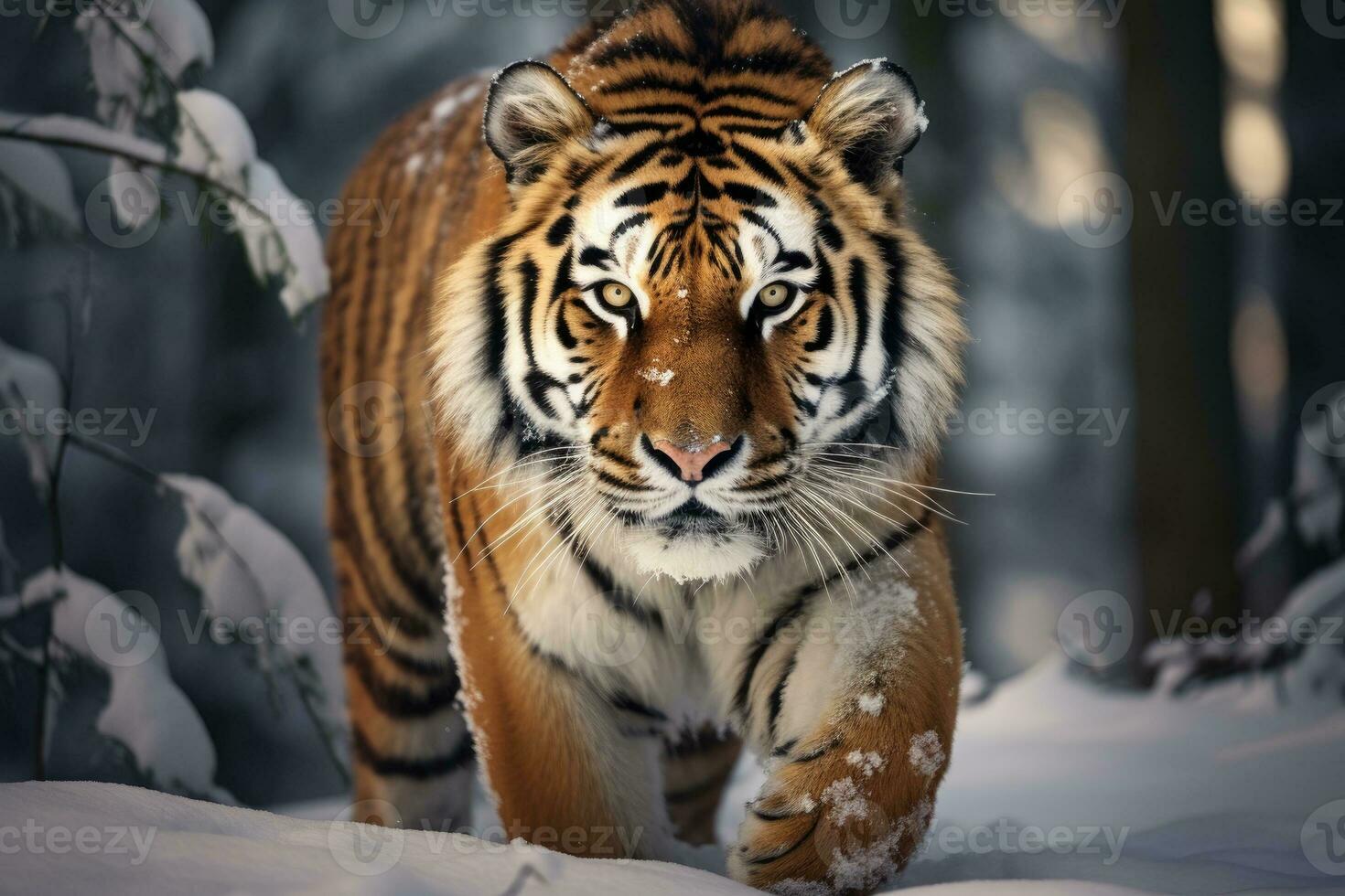 Siberian tiger in a snowy landscape. AI Generative photo