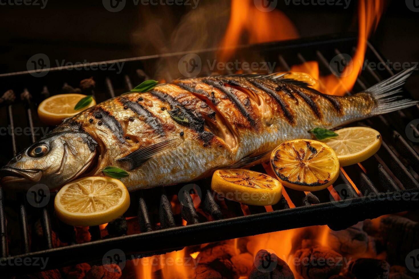 Grilled fish on charcoal. AI Generative photo