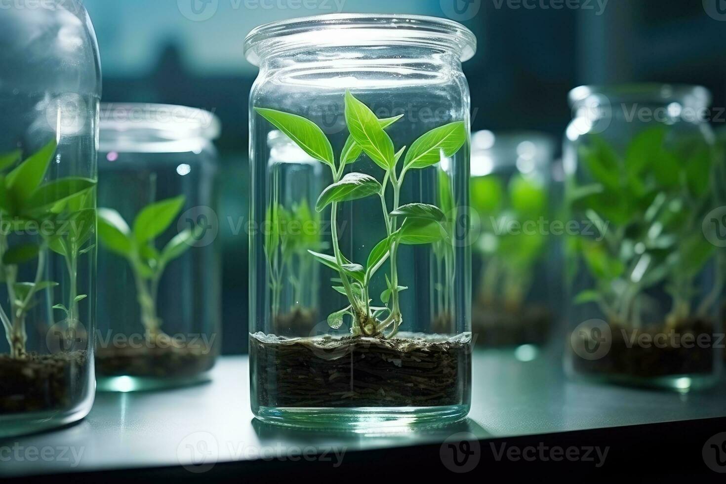 Green plant in laboratory tubes for research. Ecological breeding and plant development. photo