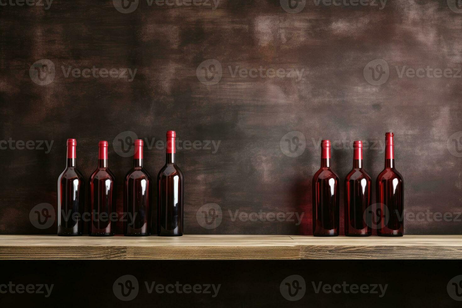 Bottles of red wine on a wooden shelf. Copy space for winery. AI Generative photo