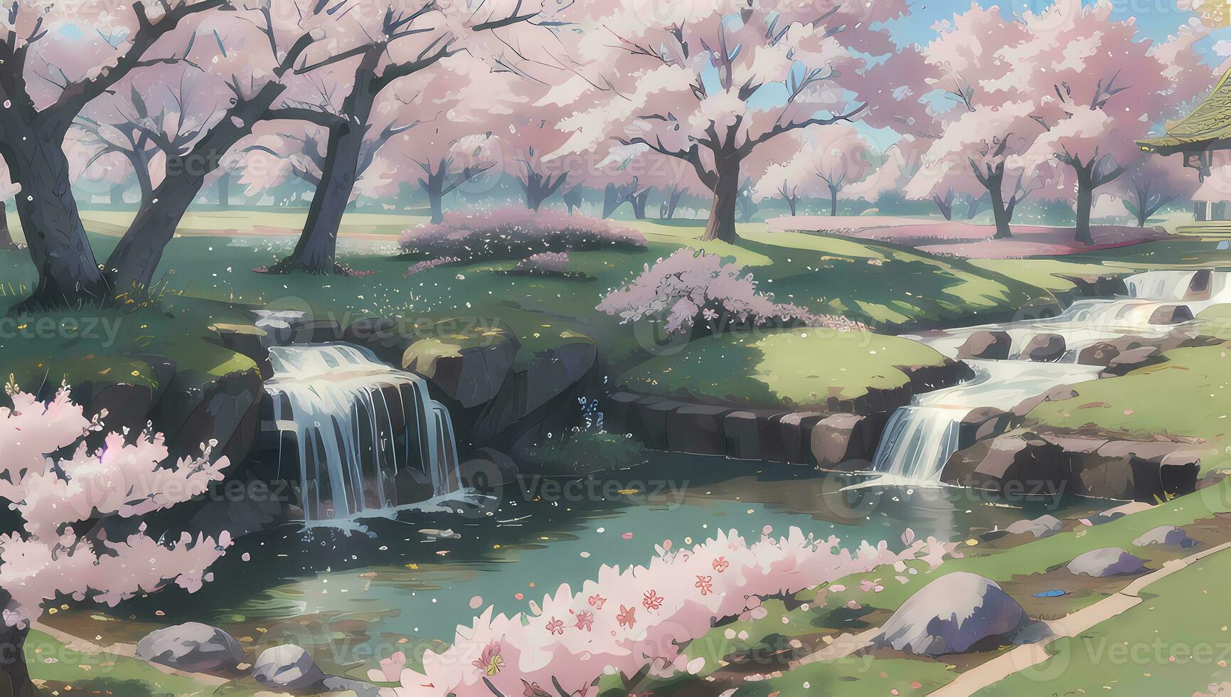 Sakura Garden during Spring Time Visual Novel Anime Manga Background Wallpaper photo