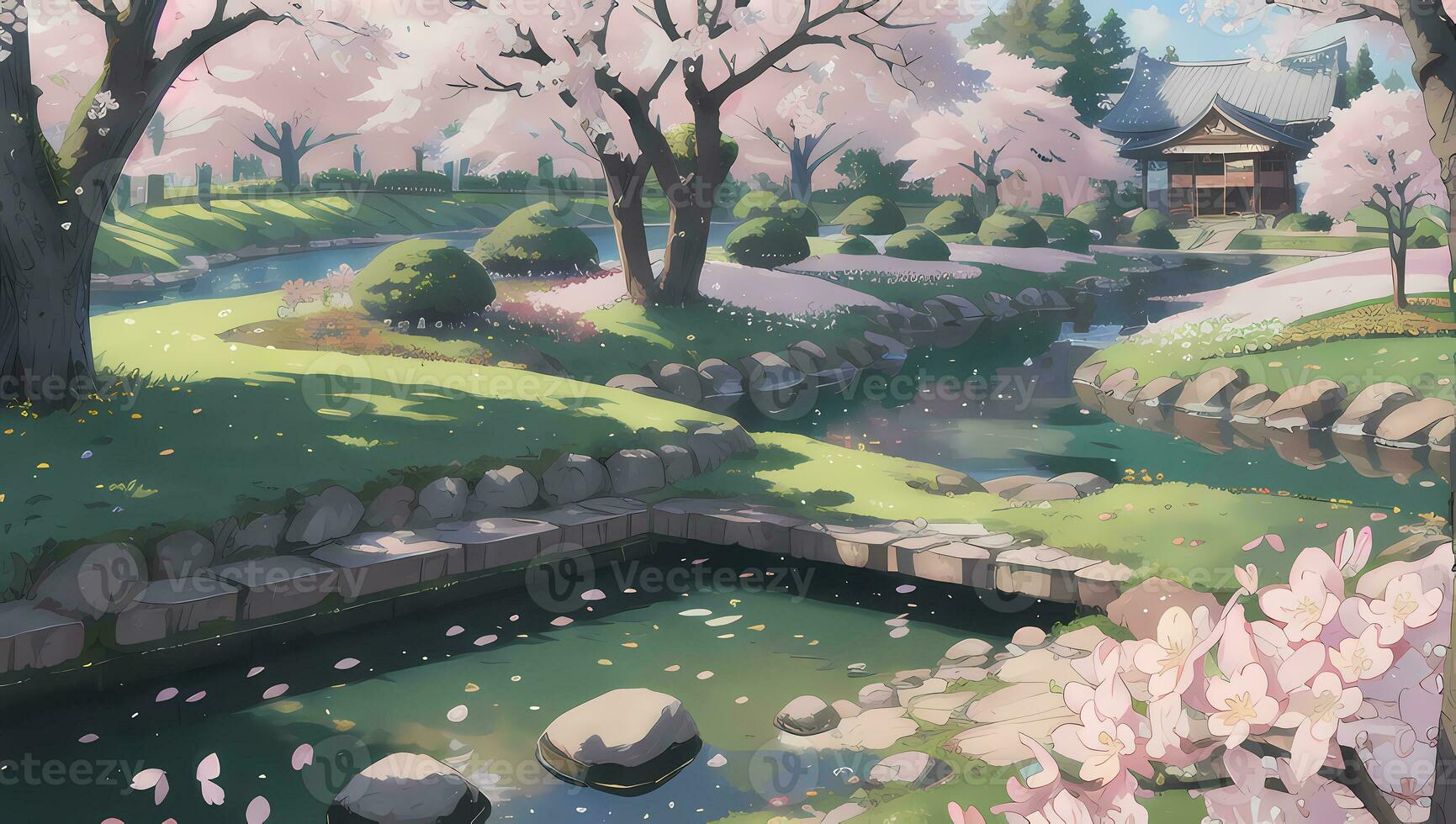 Sakura Garden during Spring Time Visual Novel Anime Manga Background Wallpaper photo