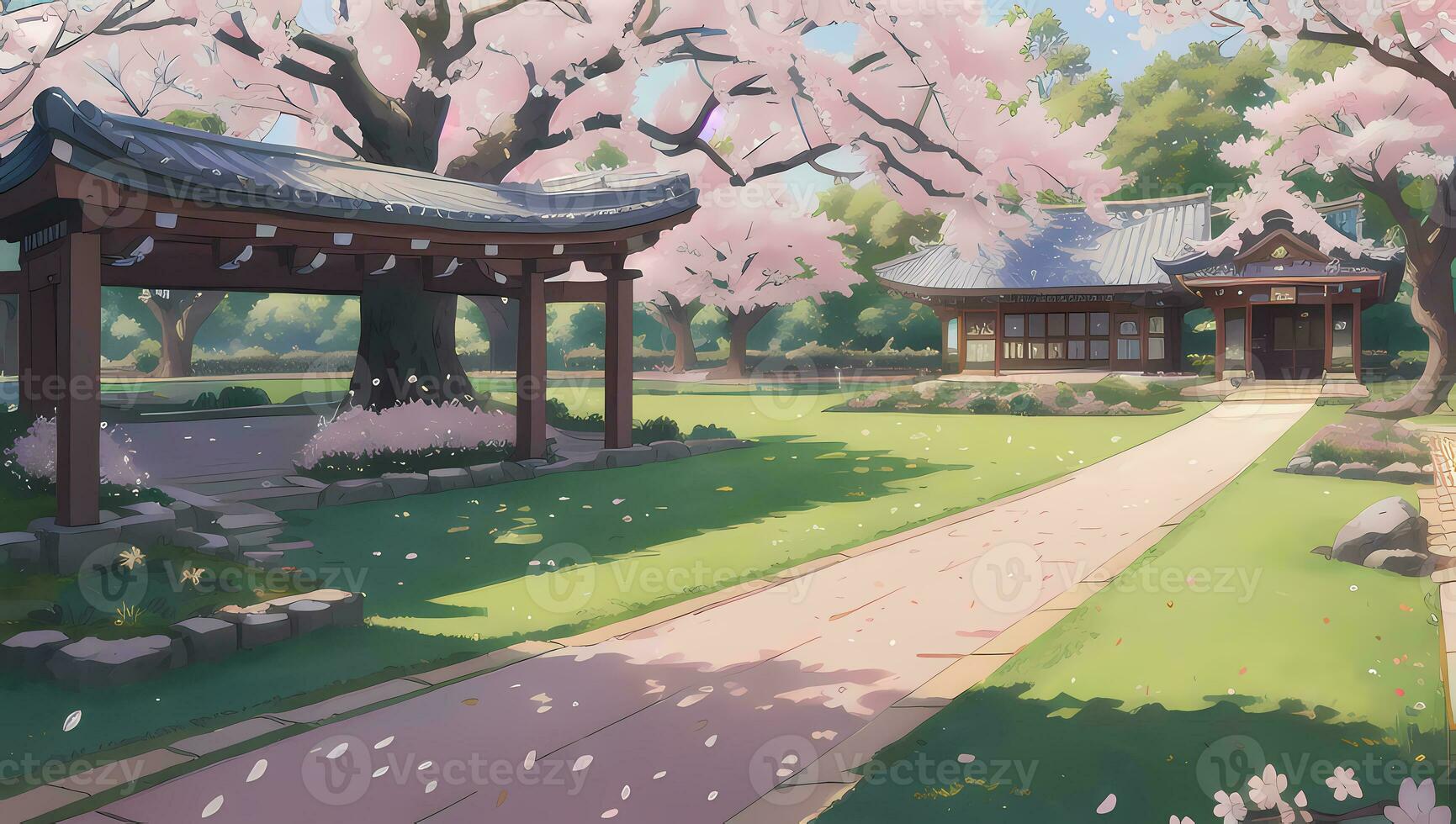 Sakura Garden during Spring Time Visual Novel Anime Manga Background Wallpaper photo