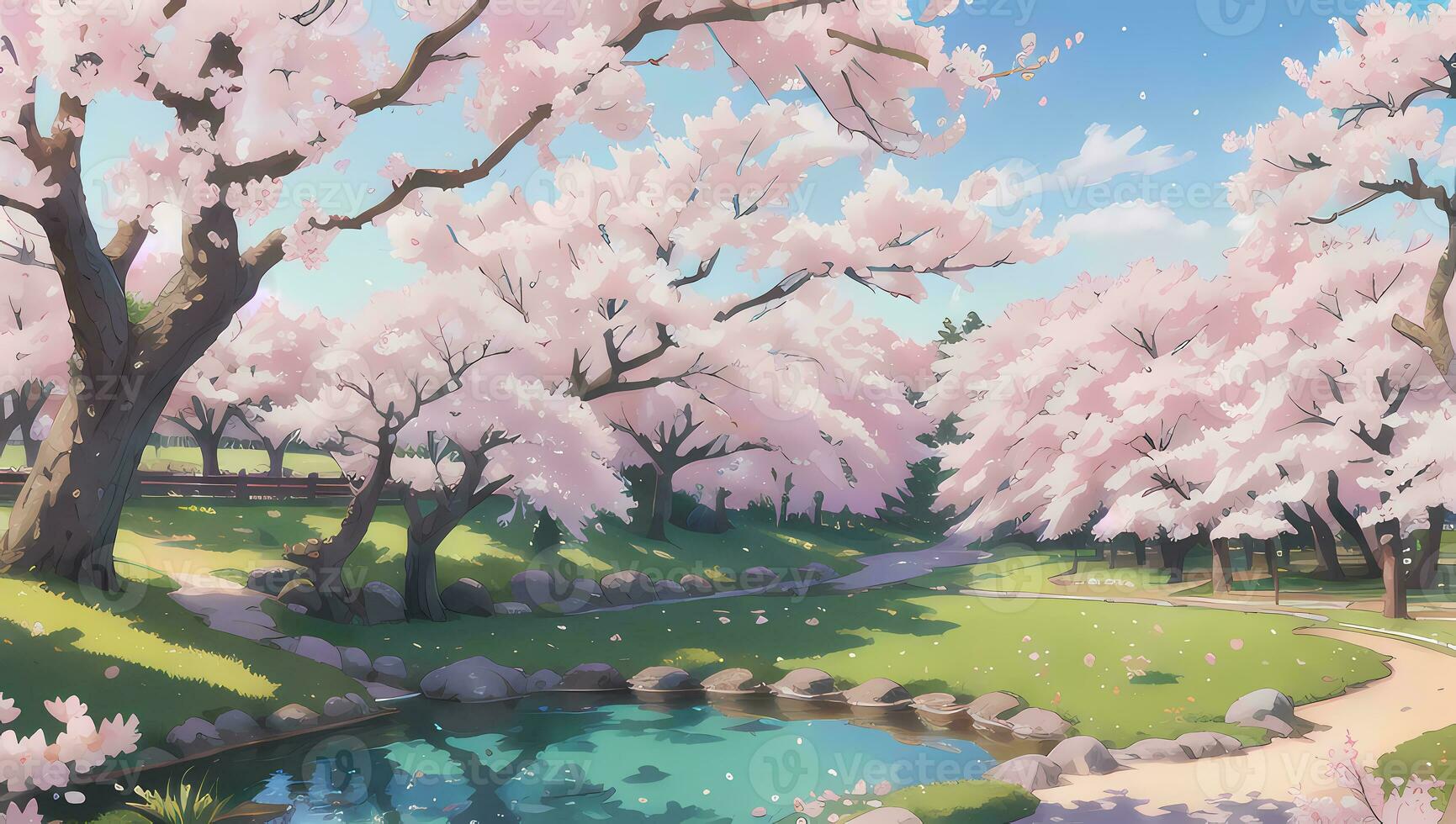 Sakura Garden during Spring Time Visual Novel Anime Manga Background Wallpaper photo