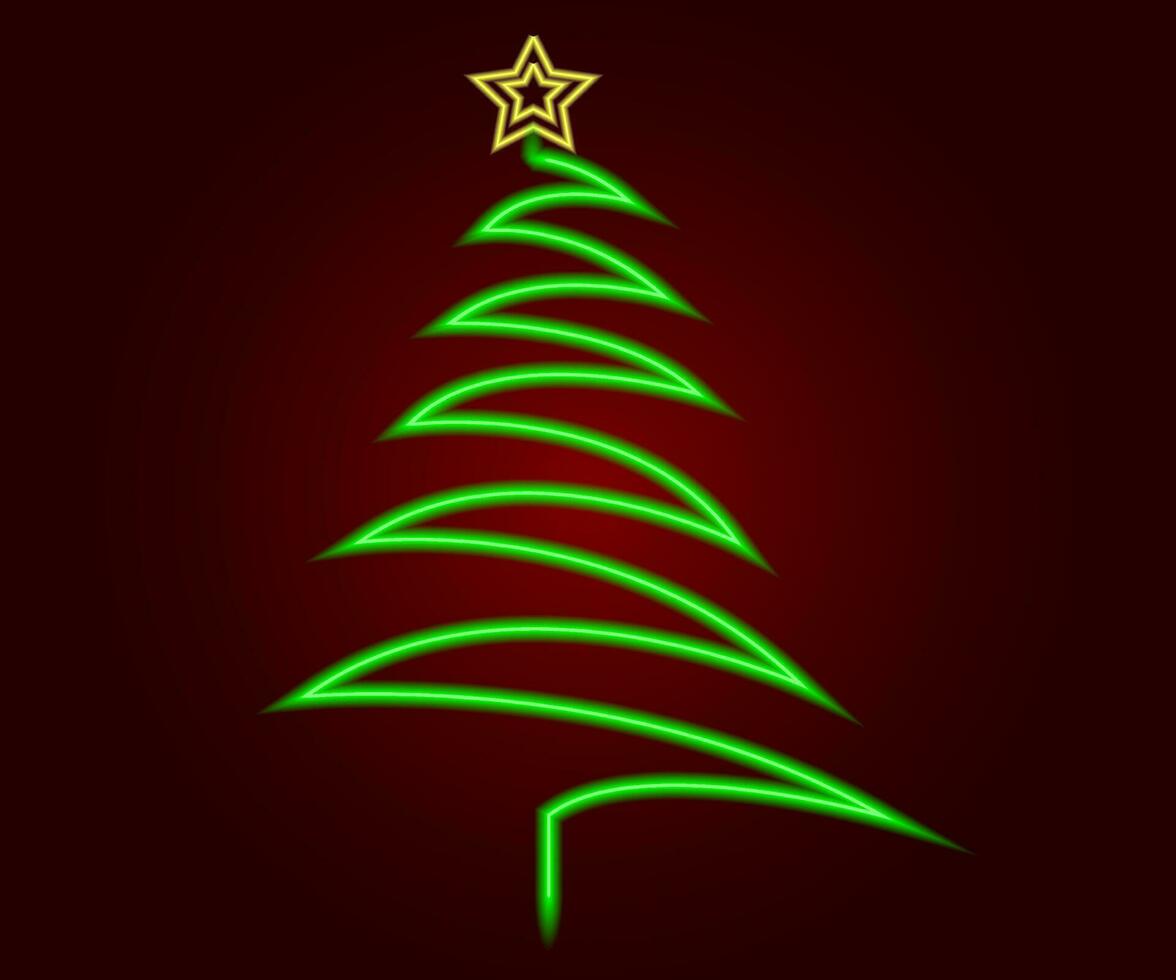 Neon Christmas tree with star, glowing icon. Neon New Year tree silhouette, outline Christmas tree in vivid colors. Festive fir with neon light. Icon set, sign, symbol for UI. Vector illustration