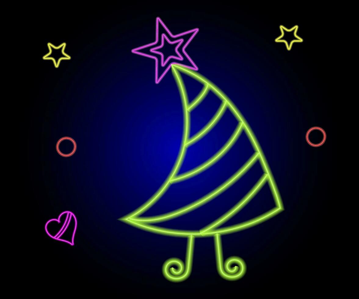 Neon Christmas tree with star, glowing icon. Neon New Year tree silhouette, outline Christmas tree in vivid colors. Festive fir with neon light. Icon set, sign, symbol for UI. Vector illustration