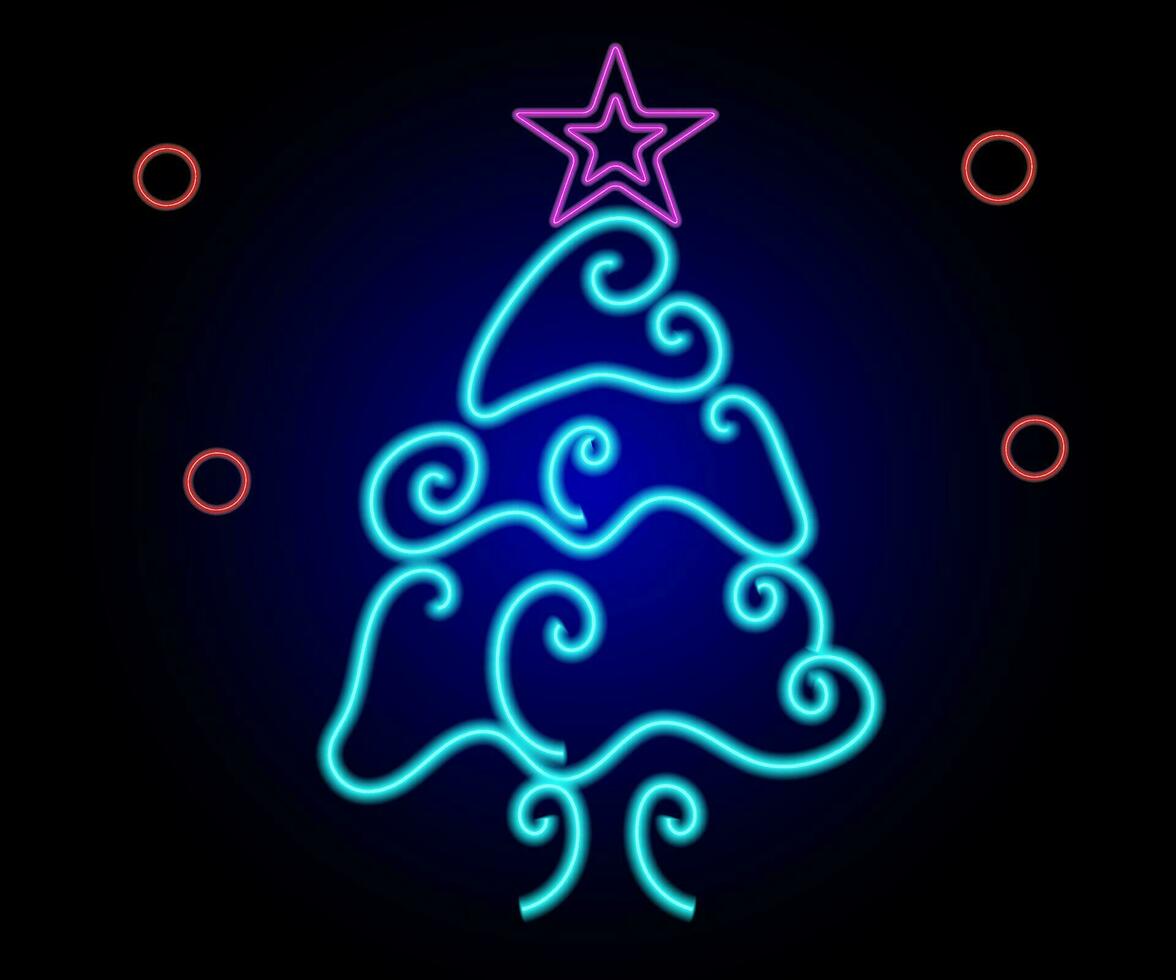 Neon Christmas tree with star, glowing icon. Neon New Year tree silhouette, outline Christmas tree in vivid colors. Festive fir with neon light. Icon set, sign, symbol for UI. Vector illustration