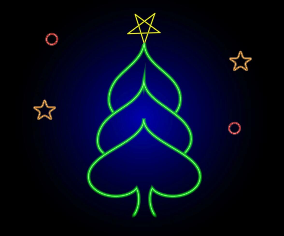 Neon Christmas tree with star, glowing icon. Neon New Year tree silhouette, outline Christmas tree in vivid colors. Festive fir with neon light. Icon set, sign, symbol for UI. Vector illustration