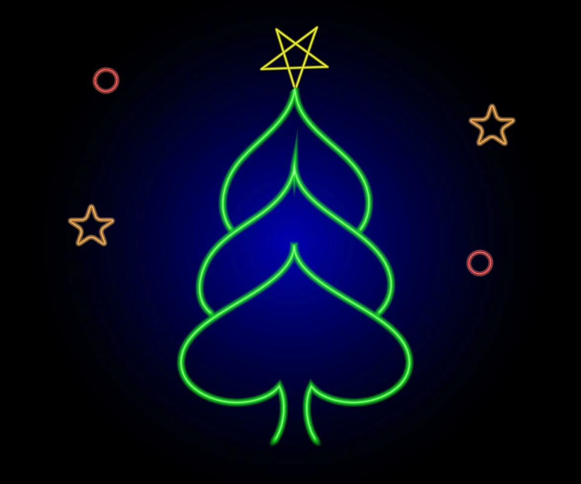 Neon Christmas tree with star, glowing icon. Neon New Year tree silhouette, outline Christmas tree in vivid colors. Festive fir with neon light. Icon set, sign, symbol for UI. Vector illustration