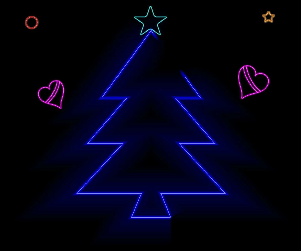 Neon Christmas tree with star, glowing icon. Neon New Year tree silhouette, outline Christmas tree in vivid colors. Festive fir with neon light. Icon set, sign, symbol for UI. Vector illustration