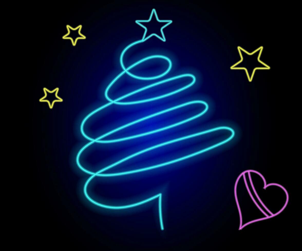 Neon Christmas tree with star, glowing icon. Neon New Year tree silhouette, outline Christmas tree in vivid colors. Festive fir with neon light. Icon set, sign, symbol for UI. Vector illustration