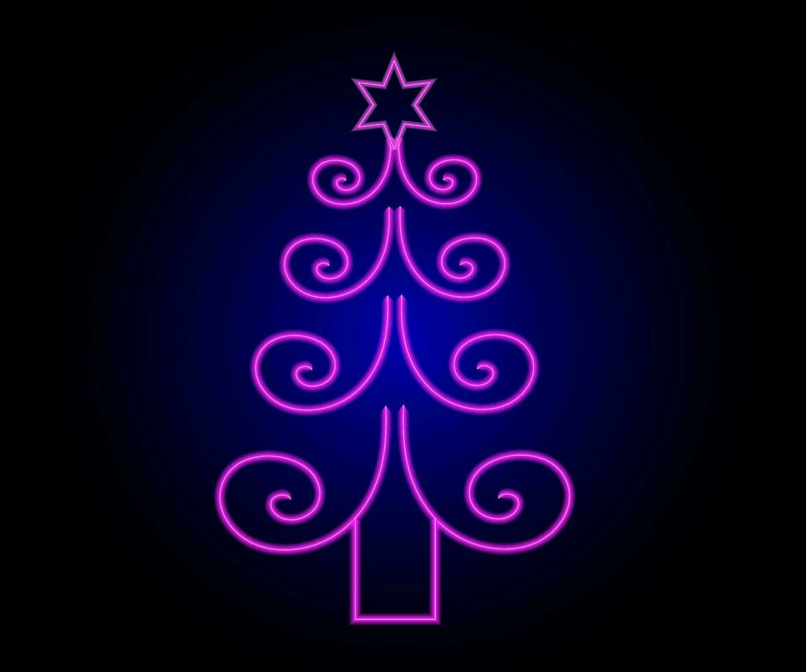 Neon Christmas tree with star, glowing icon. Neon New Year tree silhouette, outline Christmas tree in vivid colors. Festive fir with neon light. Icon set, sign, symbol for UI. Vector illustration