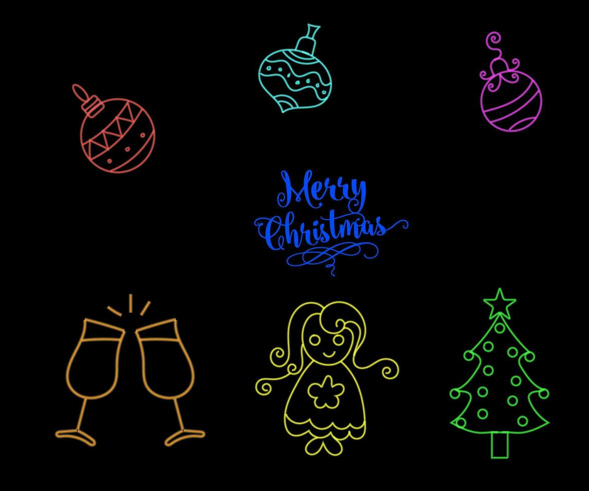Neon Christmas tree with star, glowing icon. Neon New Year tree silhouette, outline Christmas tree in vivid colors. Festive fir with neon light. Icon set, sign, symbol for UI. Vector illustration