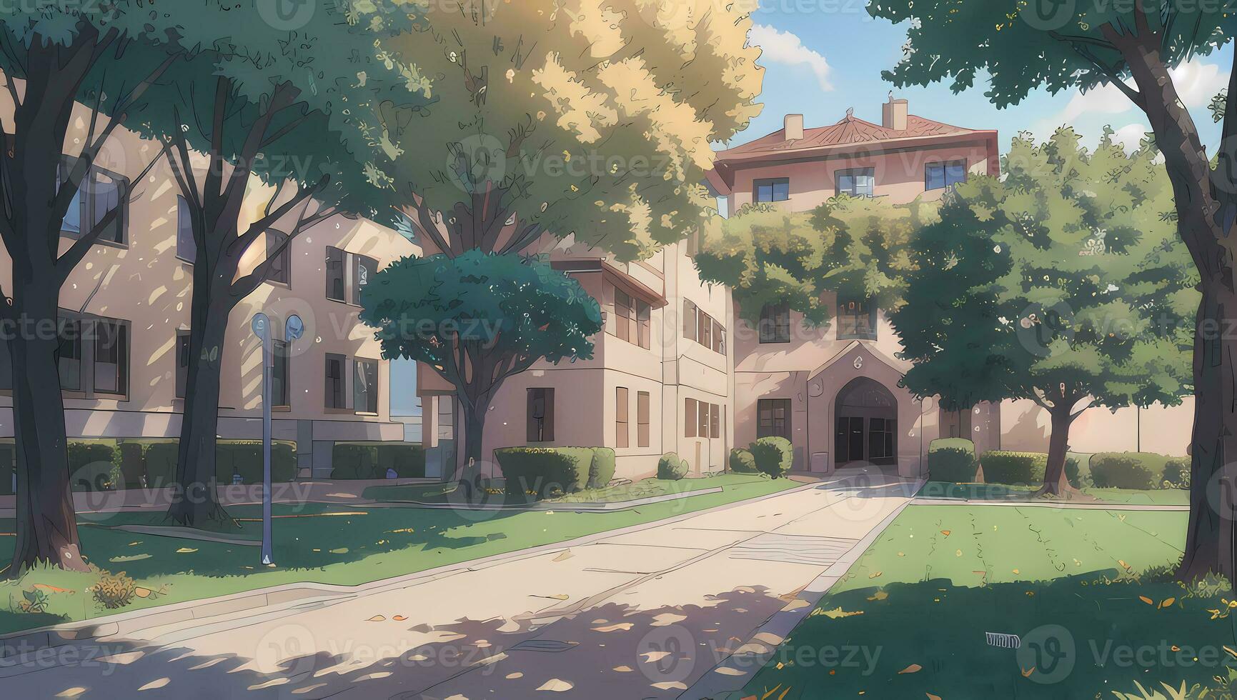 University School Complex Visual Novel Anime Manga Background Wallpaper On a Sunny Day photo