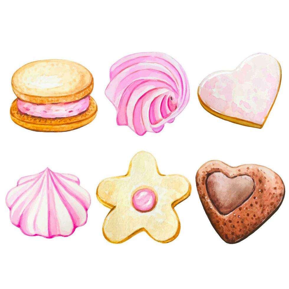 Set with sweets, collection of cookies, marshmallows vector