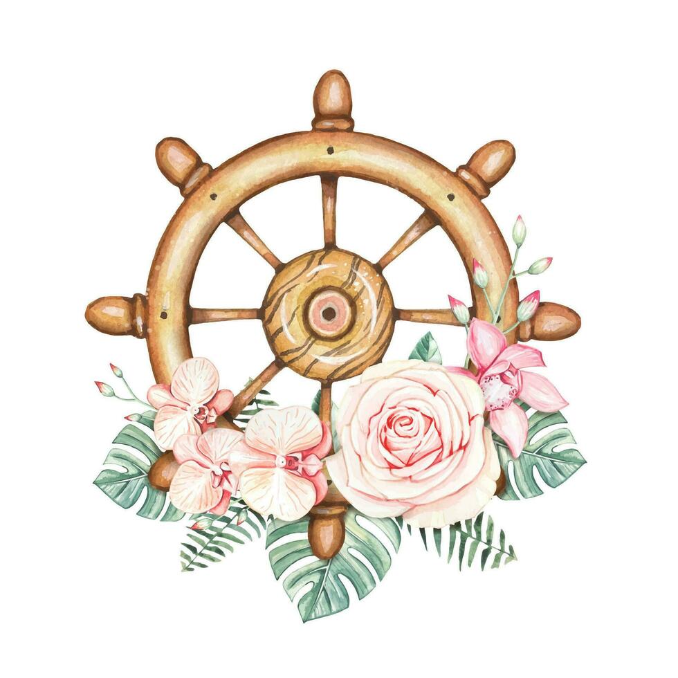 Hand drawn ship wheel with tropical flowers and leaves, watercolor vector