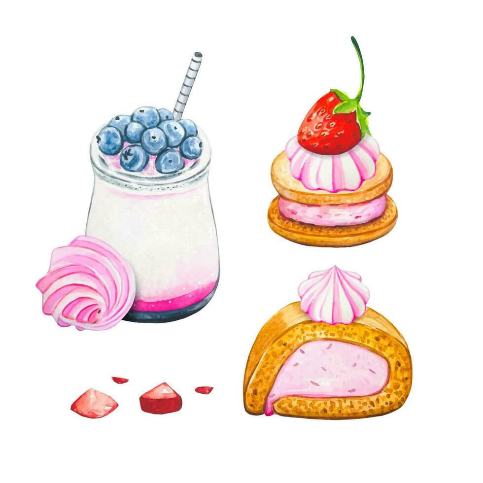 Blueberry drink and sweet piece of roll with pink cream .Watercolor sweets. vector