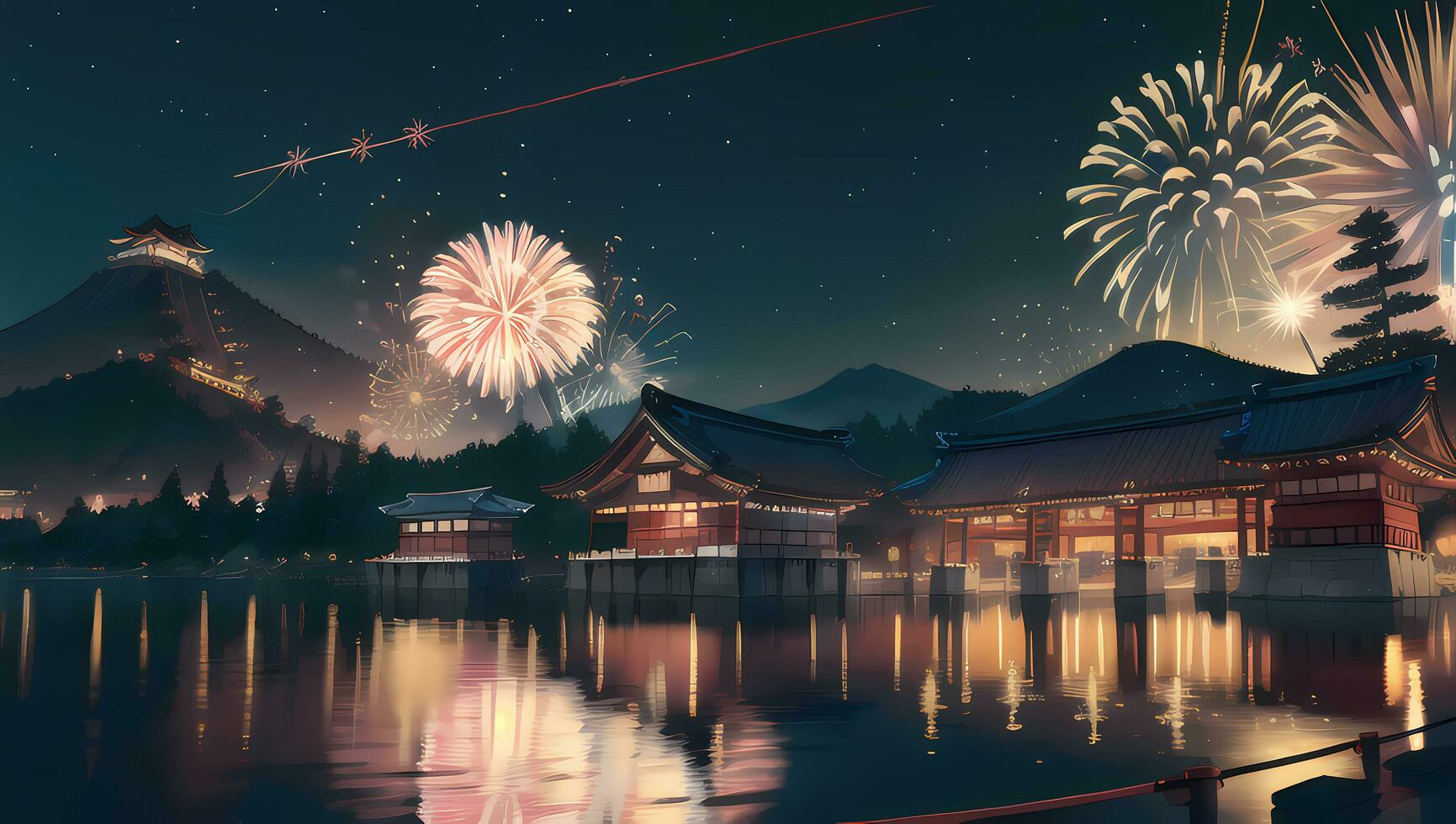 Fireworks on a Night Sky Festival Celebration Visual Novel Anime Manga Background Wallpaper photo