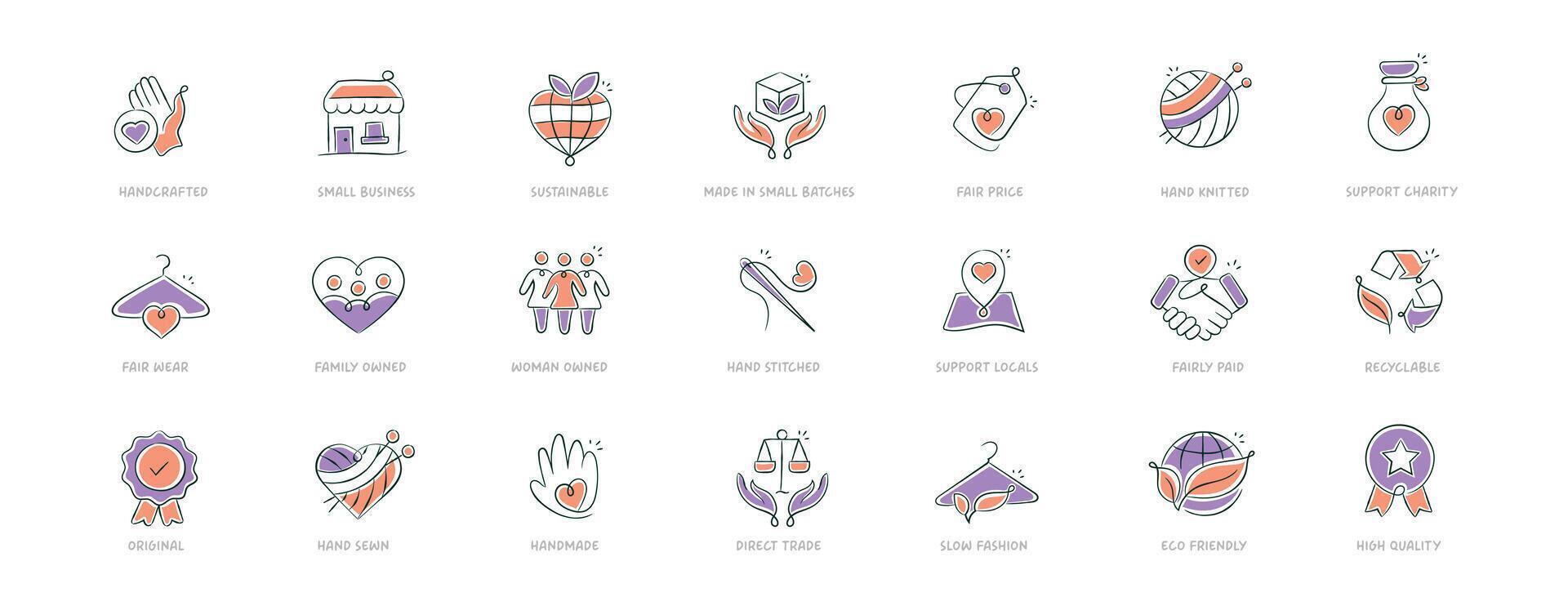 Sustainable and Ethical Handmade Icons. Artisanal Icons for Sustainable Brands. Ethical Handmade Icons for Eco-Friendly Brands vector