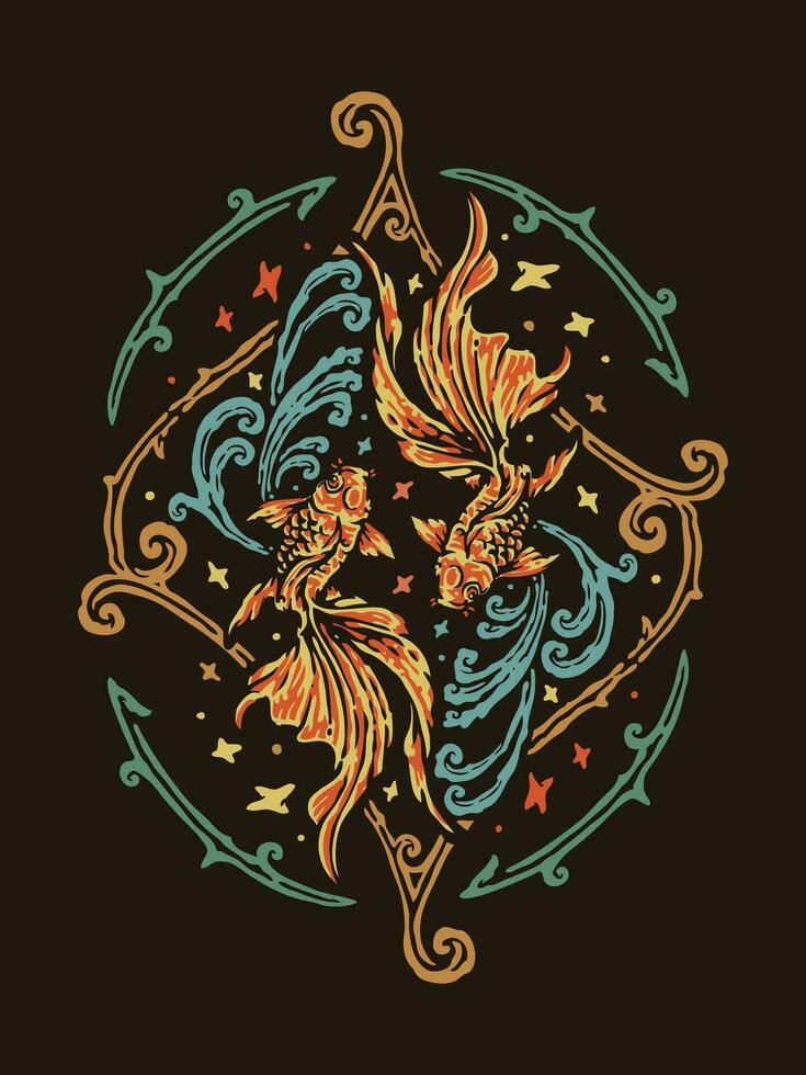Koi Golden Fish Balance Vintage Illustration vector