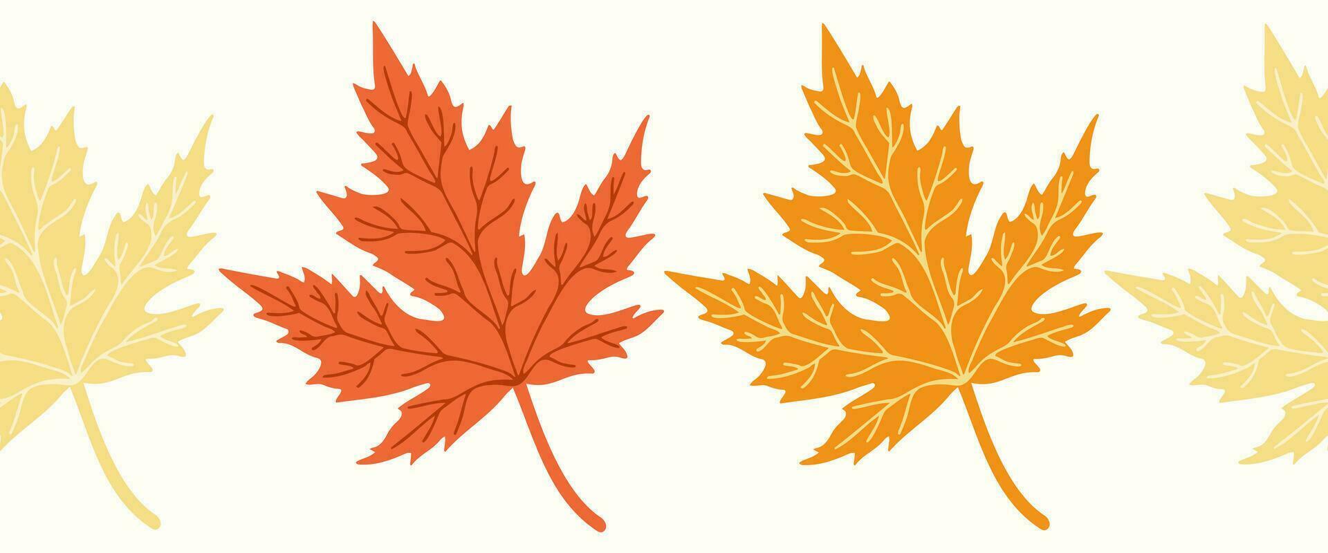 Seamless border of doodle maple leaves on isolated background. Hand drawn background for Autumn harvest holiday, Thanksgiving, Halloween, seasonal, textile, scrapbooking, washi tape. vector