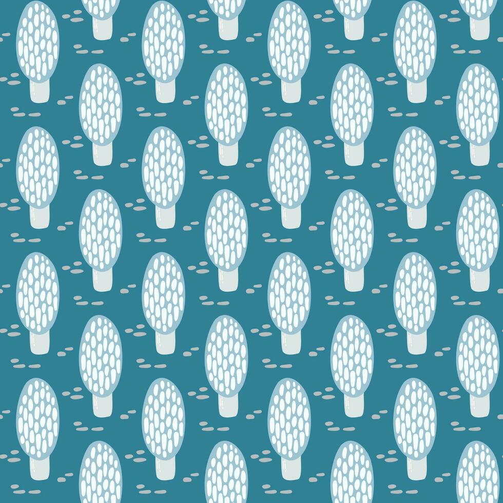 Seamless pattern with doodle cute morel, mushrooms on isolated background. hand drawing. Hand drawn background for Autumn harvest holiday, Thanksgiving, Halloween, seasonal, textile, scrapbooking. vector