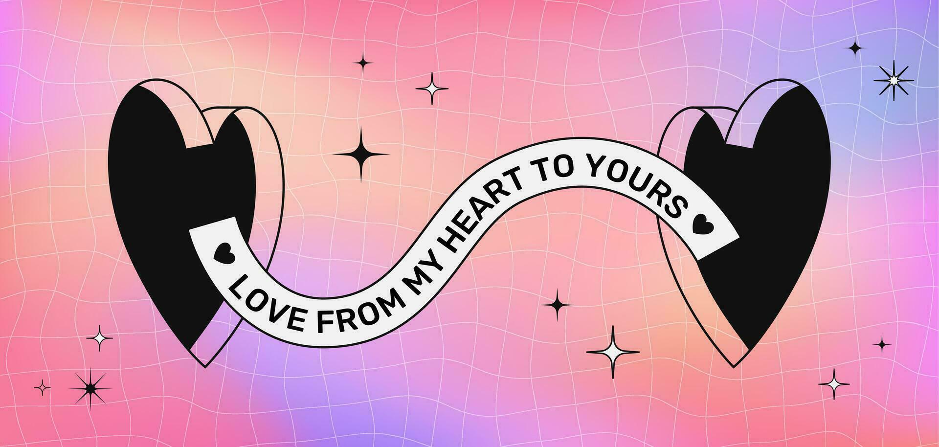 Y2K Valentine Day banner with portal hearts, wavy text greeting on a liquid aura background with distorted grid. Vector illustration.