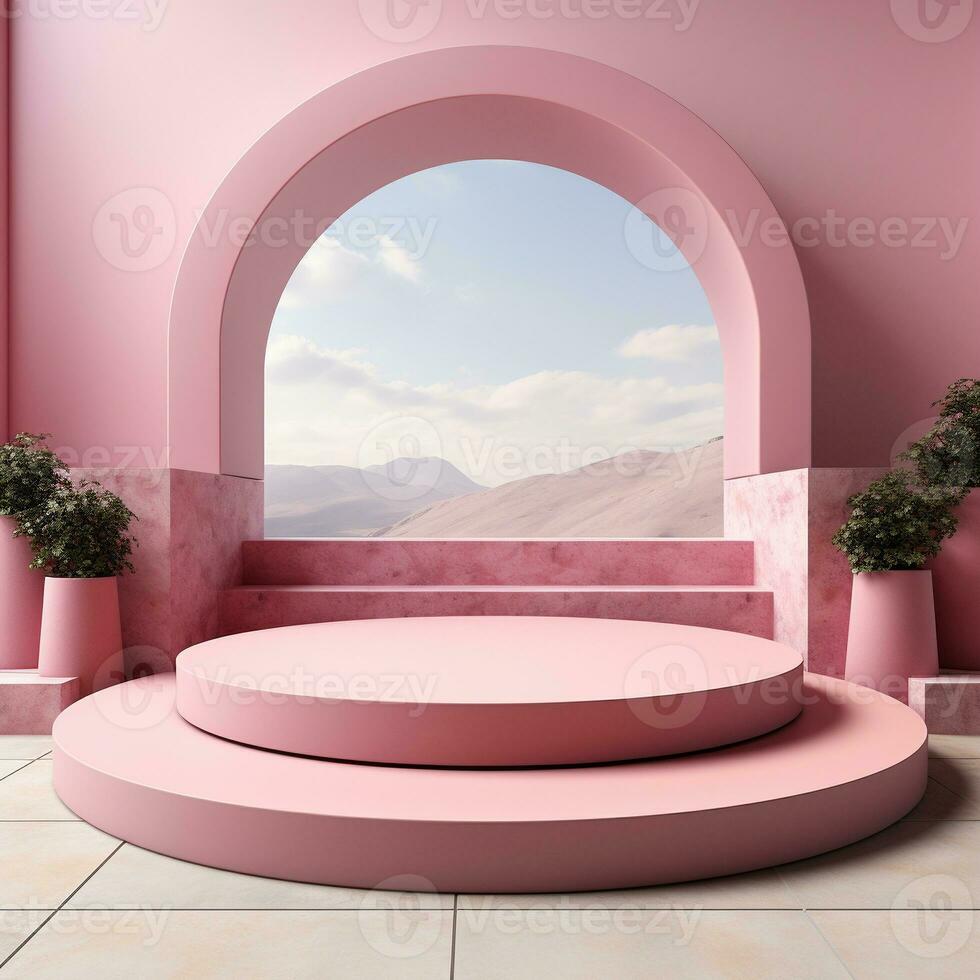 abstract pink geometric Stone and Rock shape background, minimalist mockup for podium display or showcase, 3d rendering. AI Generative photo