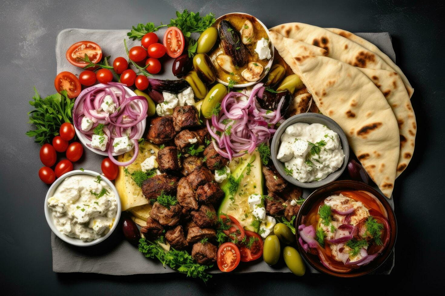 Traditional Turkish kebab with vegetables and tzatziki sauce, Greek food background. Meze, gyros, souvlaki, fish, pita, greek salad, tzatziki, assortment of feta, AI Generated photo