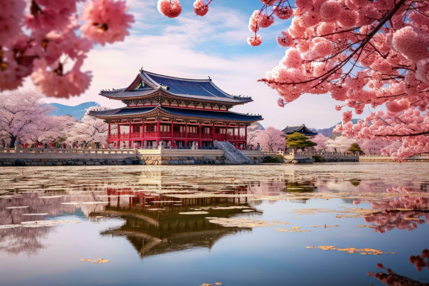 Beautiful Architecture in Gyeongbokgung Palace with cherry blossom at spring time in Seoul, South Korea, Gyeongbokgung palace with cherry blossom tree in spring time in seoul city, AI Generated photo