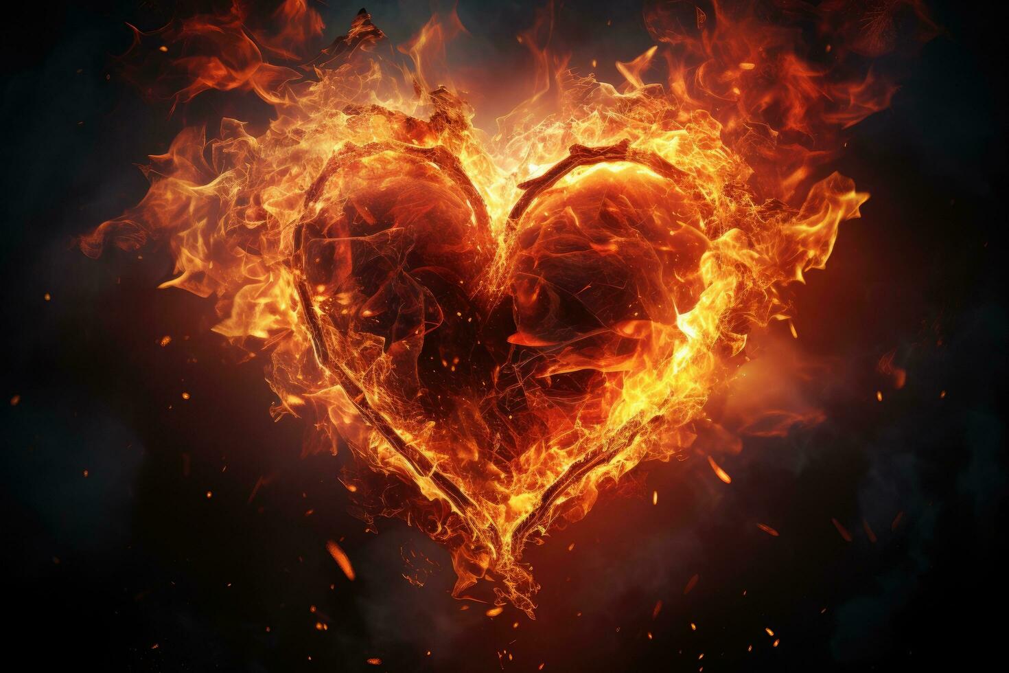 Heart in fire on dark background. Love concept. 3D Rendering, heart in fire. Striking image of heart made with fire and ice, AI Generated photo